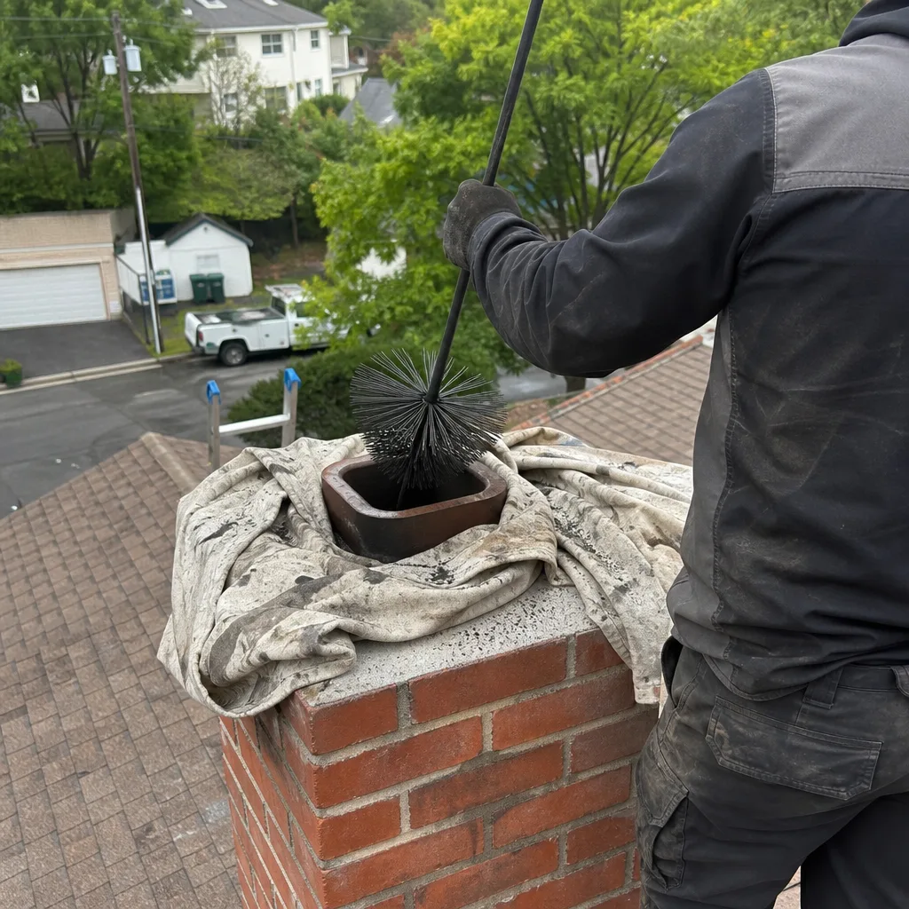 Professional technician performing chimney sweep and cleaning services on a rooftop.