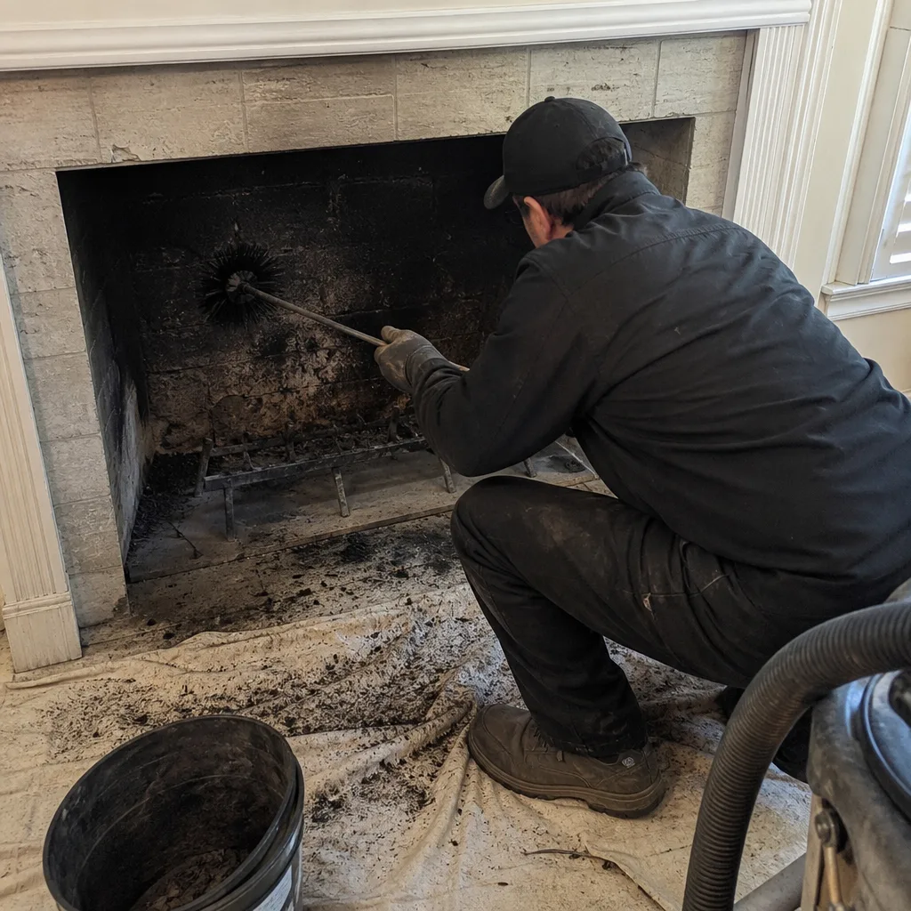 Professional chimney sweep cleaning a dirty fireplace interior with a brush.