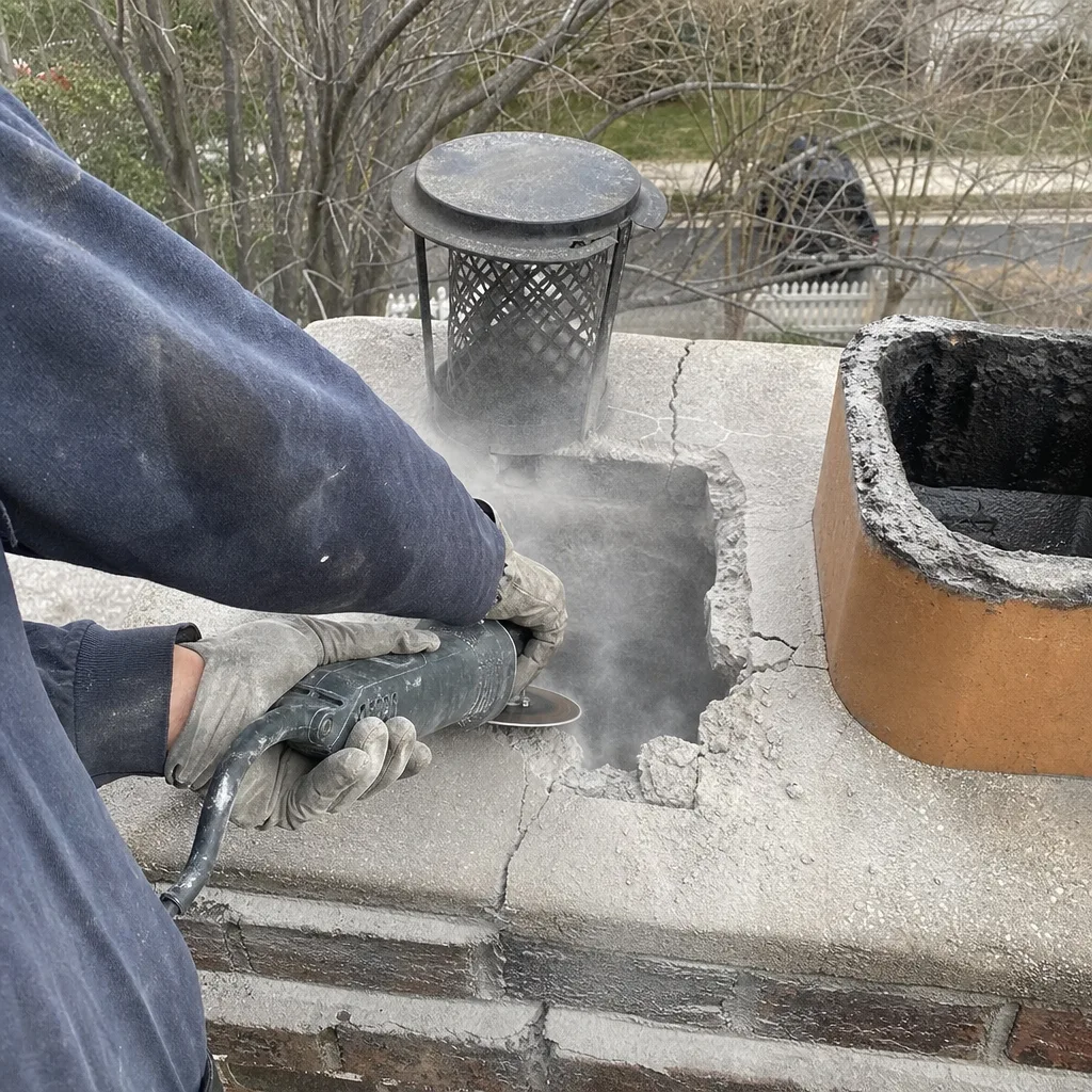 Contractor performing professional chimney crown repair with a power grinder