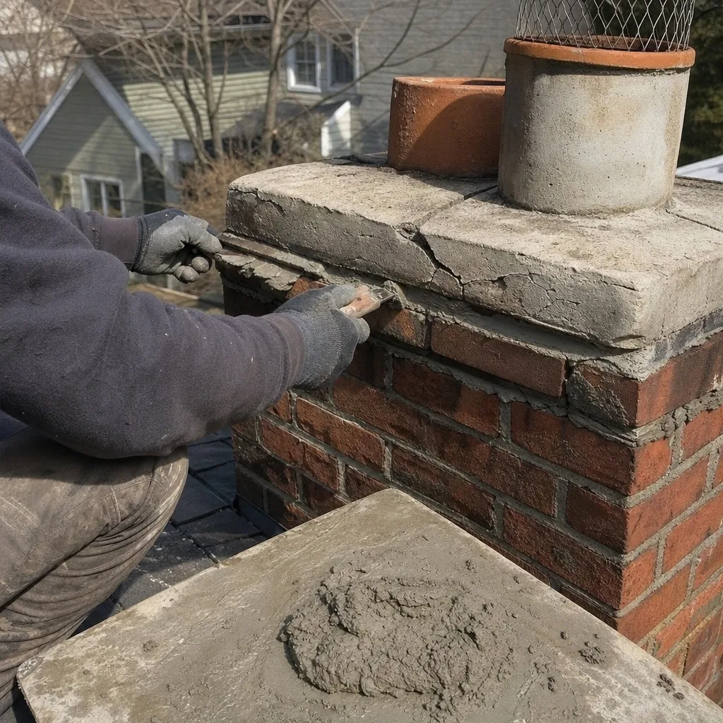 Professional chimney technician repairing damaged brick chimney crown on a residential roof.