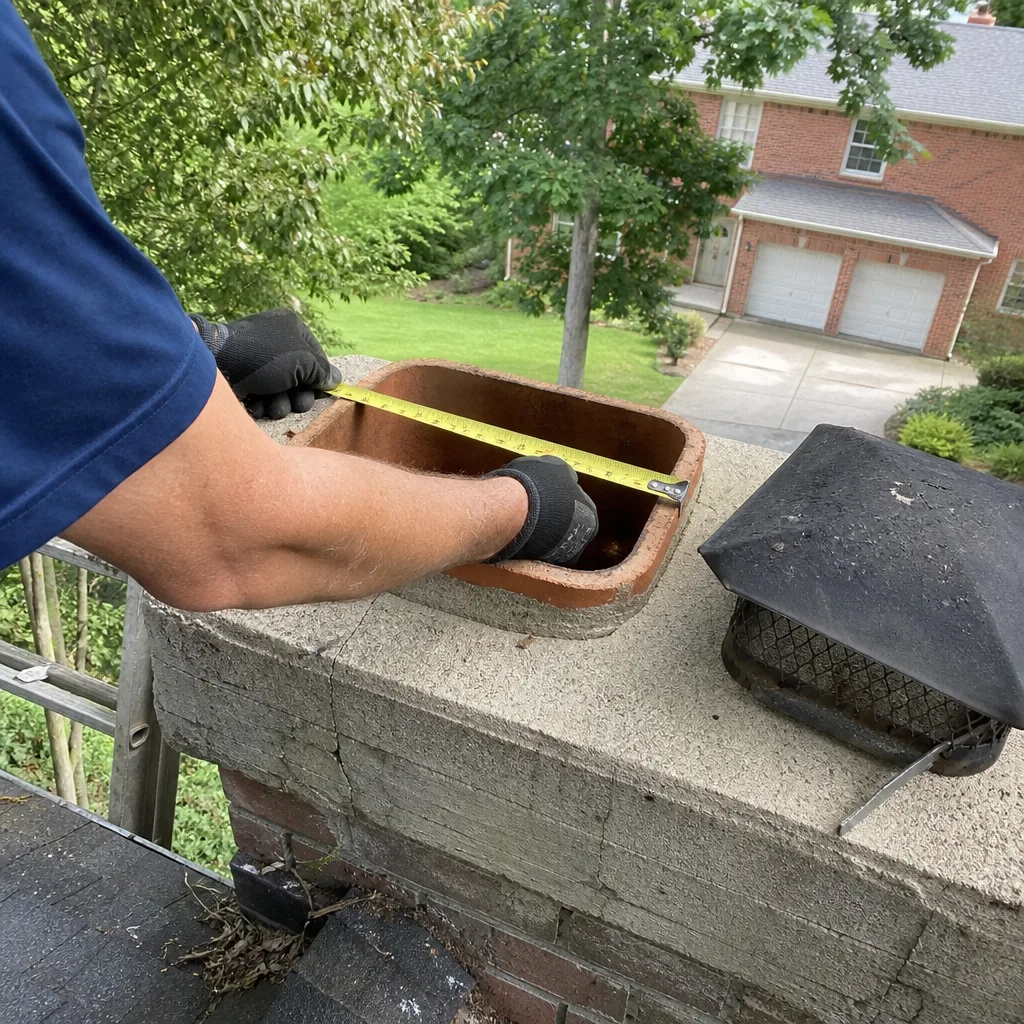 Technician measuring chimney flue opening for cap installation and crown repair. nationwide