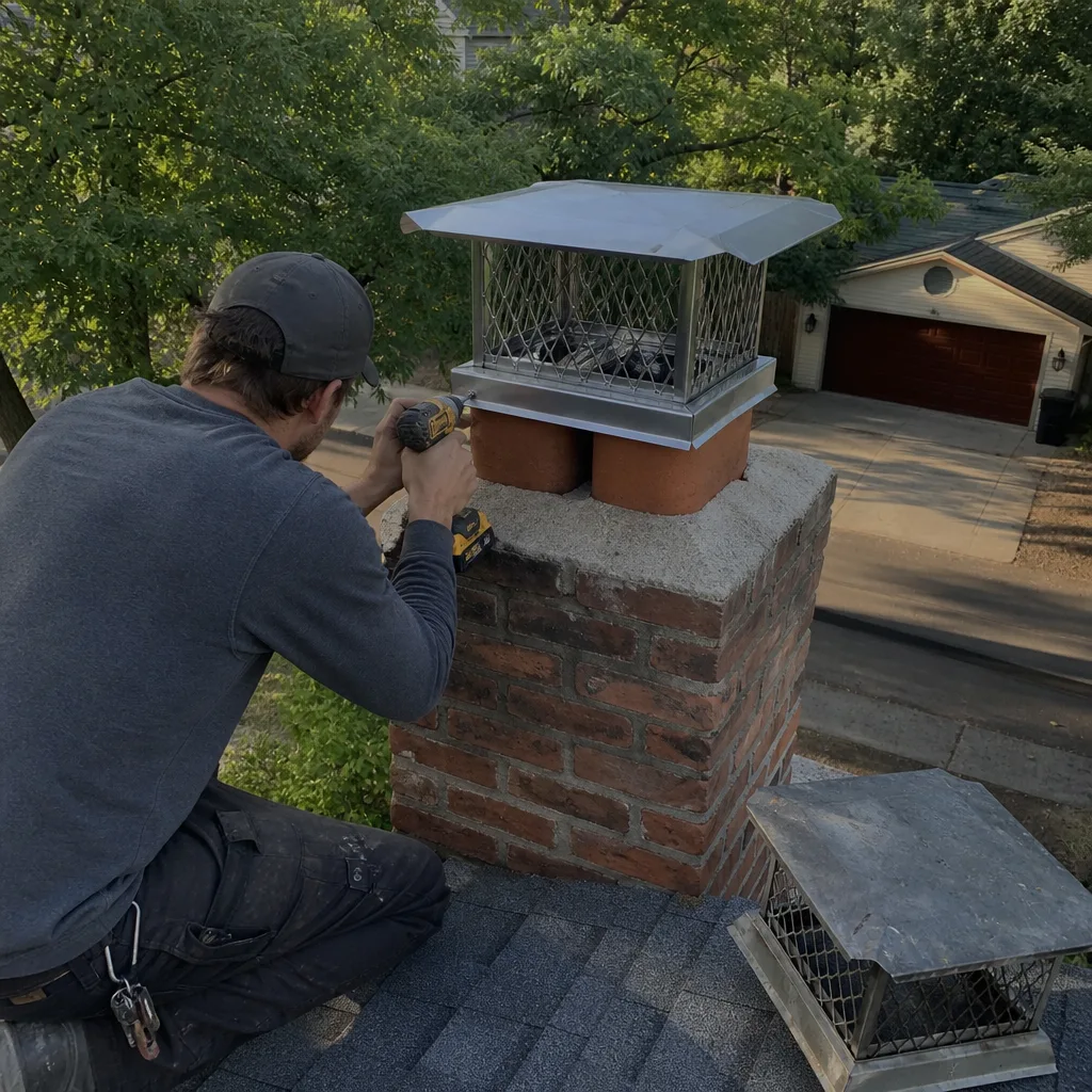 Technician installing a stainless steel chimney cap on a brick chimney. in Washington, DC