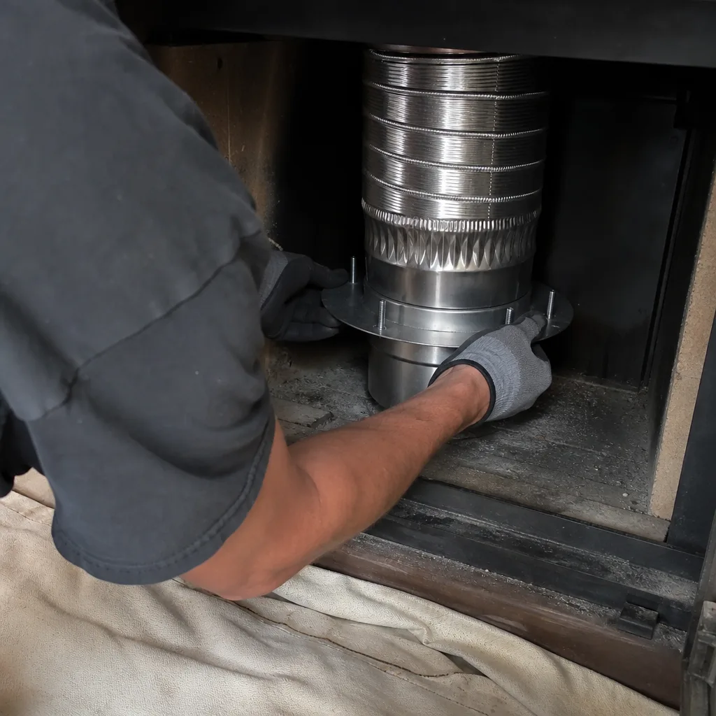 Technician installing a new stainless steel chimney liner in a fireplace in Arlington, VA