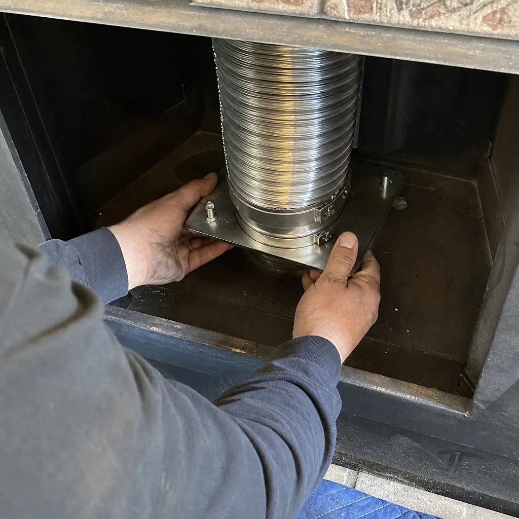 Technician installing a stainless steel chimney flue liner inside a fireplace. nationwide