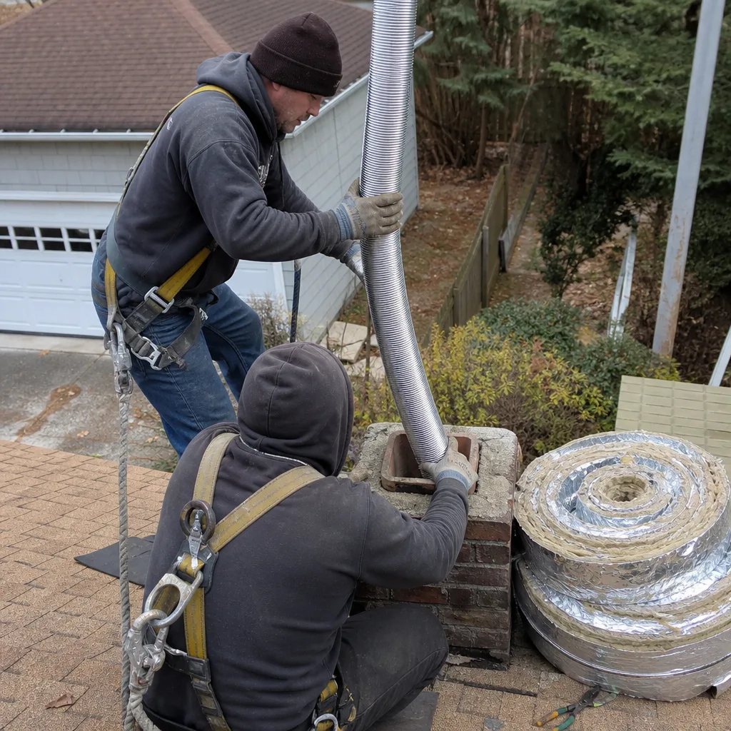 Two technicians installing a flexible stainless steel chimney liner on a roof nationwide